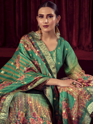 Green Organza Jacquard Dress Material