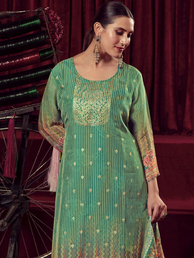 Green Organza Jacquard Dress Material