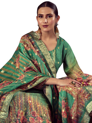 Green Organza Jacquard Dress Material