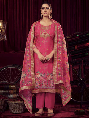 Magenta Organza Jacquard Dress Material