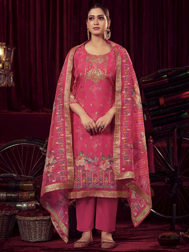 Magenta Organza Jacquard Dress Material