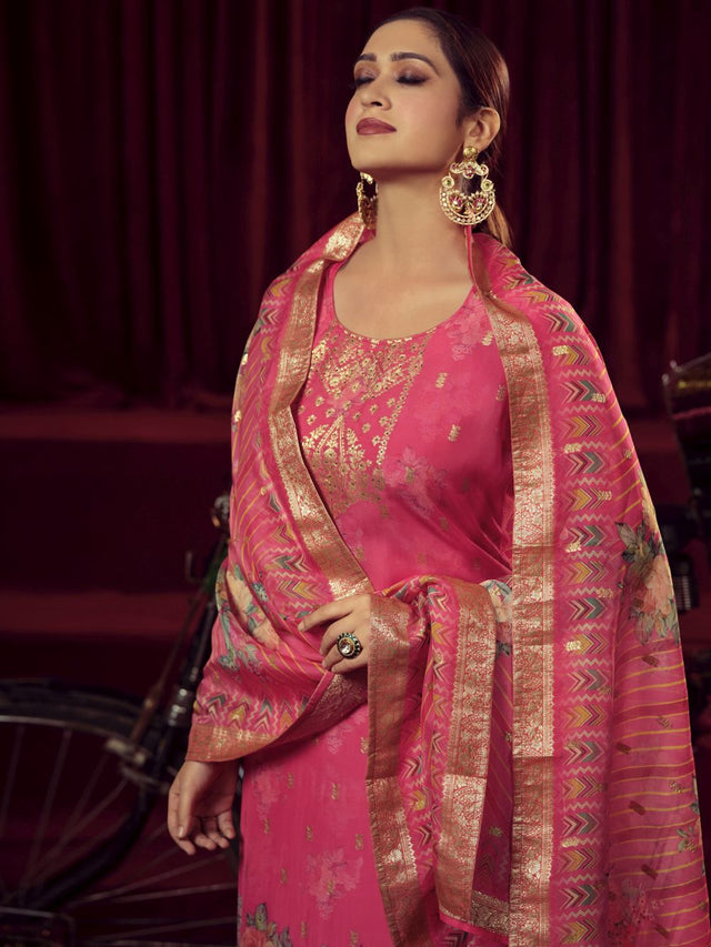 Magenta Organza Jacquard Dress Material