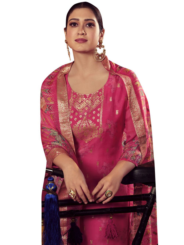 Magenta Organza Jacquard Dress Material