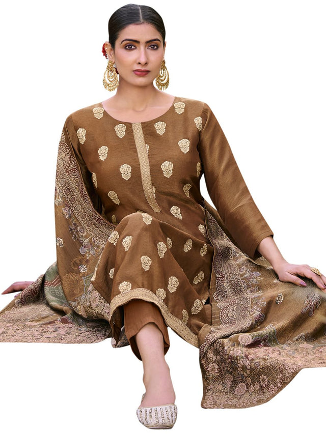 Brown Pure Silk Jacquard Dress Material