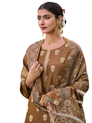 Brown Pure Silk Jacquard Dress Material