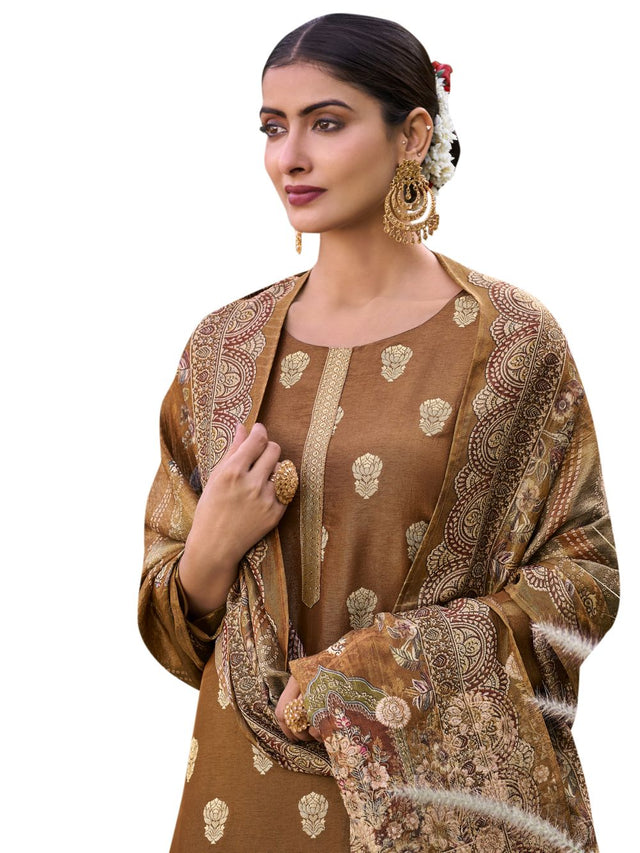 Brown Pure Silk Jacquard Dress Material