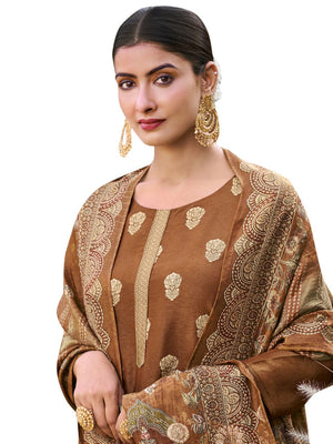 Brown Pure Silk Jacquard Dress Material