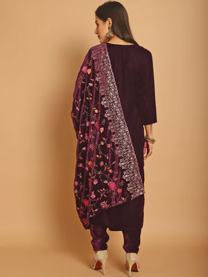 Wine Velvet Embroidered Dress Material