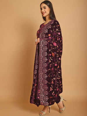 Wine Velvet Embroidered Dress Material
