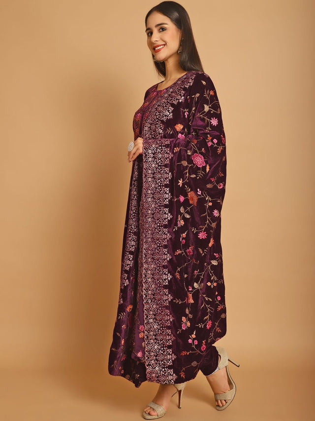 Wine Velvet Embroidered Dress Material