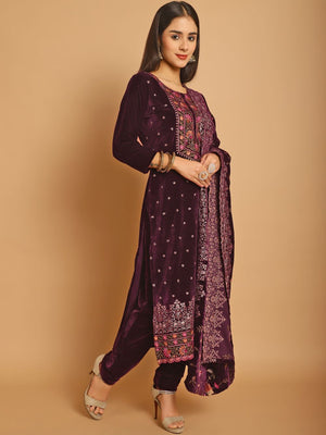 Wine Velvet Embroidered Dress Material