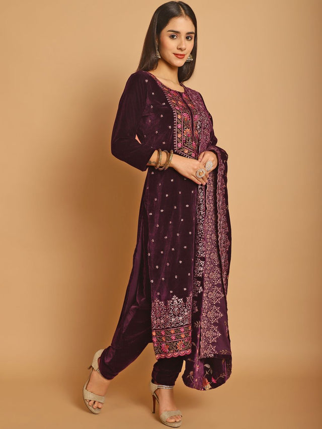 Wine Velvet Embroidered Dress Material