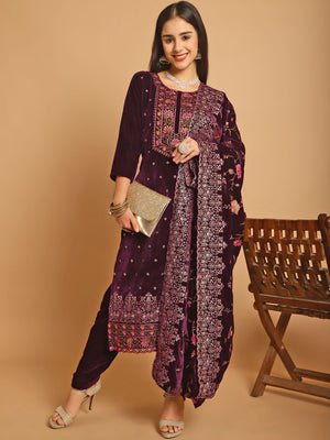Wine Velvet Embroidered Dress Material