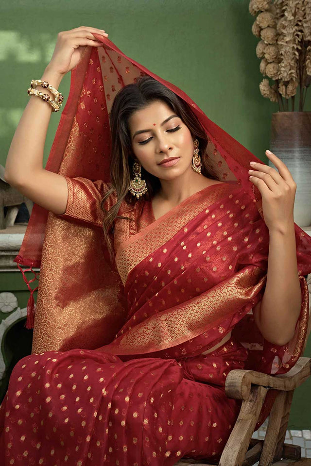 Red Organza Zari Saree