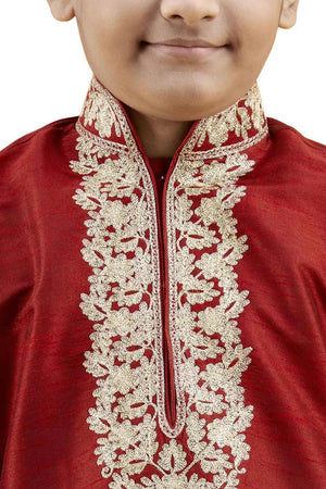 Boys Maroon Silk Neck Embroidered Kurta Pyjama Set