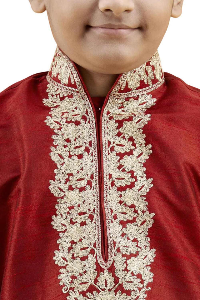 Boys Maroon Silk Neck Embroidered Kurta Pyjama Set