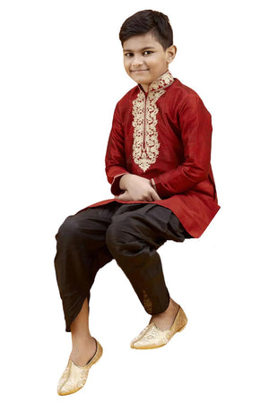 Boys Maroon Silk Neck Embroidered Kurta Pyjama Set