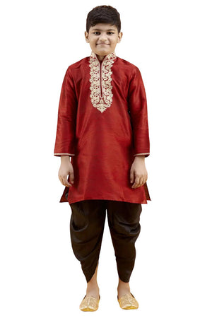 Boys Maroon Silk Neck Embroidered Kurta Pajama Set