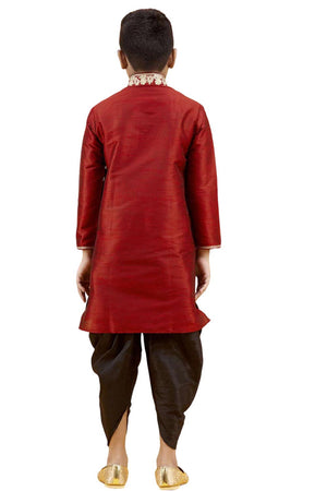 Boys Maroon Silk Neck Embroidered Kurta Pajama Set
