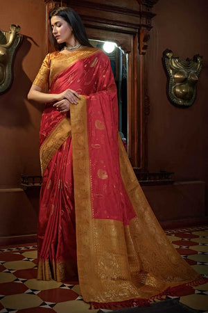 Red Satin Silk Zari Saree