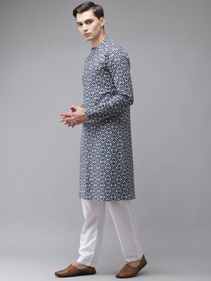 Buy Men's Blue Cotton Printed Straight Kurta Online - Side