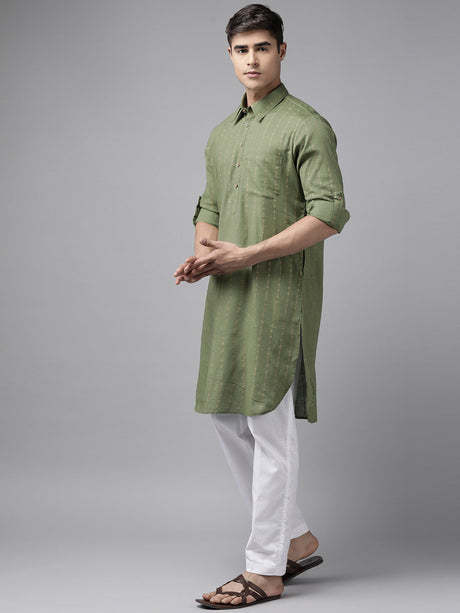 Buy Men's Olive Pure Cotton Printed Pathani Set Online - Front