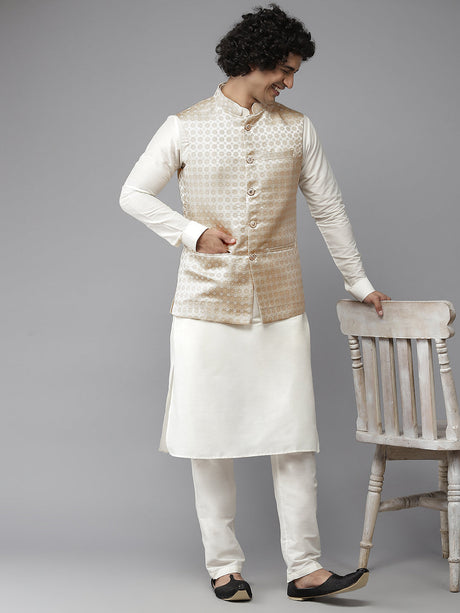 Buy Men's Gold Art Silk Jacquard Woven Design Nehru Jacket Online - Front