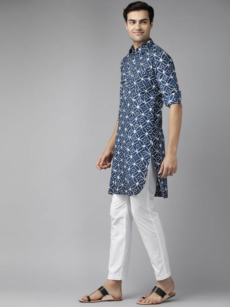 Buy Men's Blue Pure Cotton Motif Printed Pathani Set Online - Front