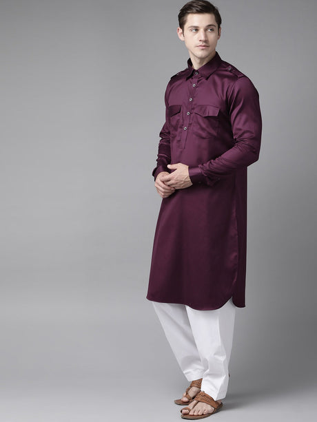 Buy Men's Purple Cotton Solid Pathani Set Online - Side