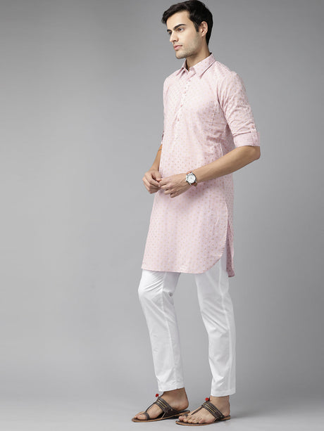 Buy Men's Baby Pink Pure Cotton Printed Pathani Set Online - Front