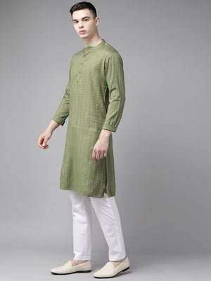 Buy Men's Green Cotton Printed Straight Kurta Online - Front