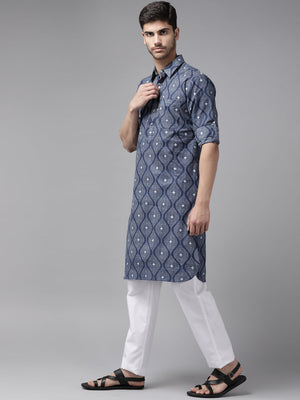 Buy Men's Indigo Pure Cotton Printed Pathani Set Online - Front