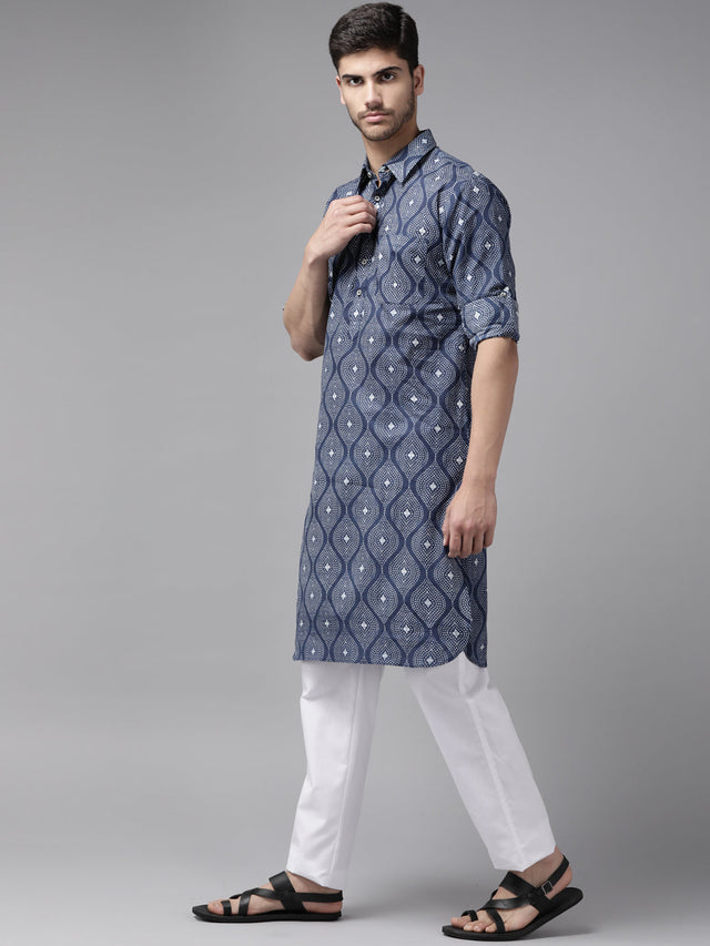 Buy Men's Indigo Pure Cotton Printed Pathani Set Online - Front