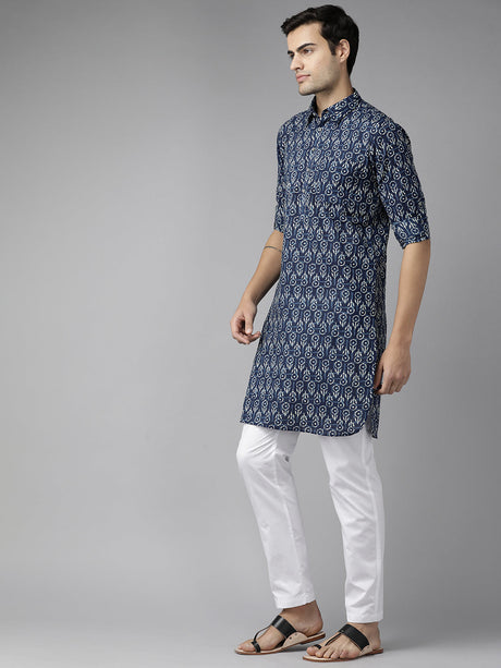Buy Men's Indigo Pure Cotton Floral Printed Pathani Set Online - Front