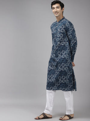 Buy Men's Blue Cotton Printed Straight Kurta Online - Front