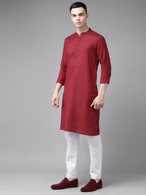 Buy Men's Maroon Cotton Printed Straight Kurta Online - Front