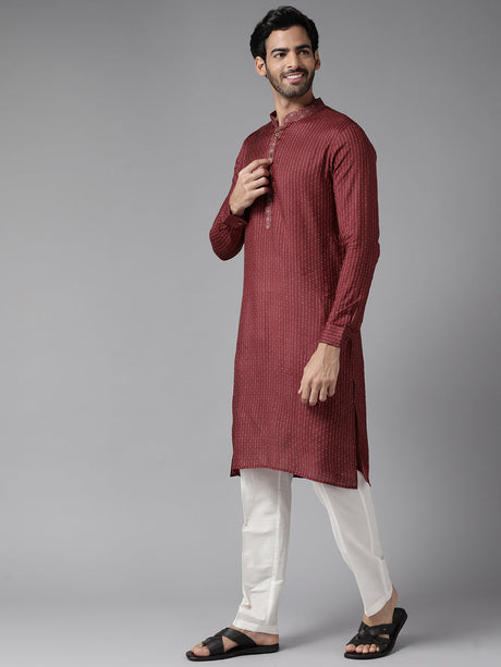Buy Men's Maroon Art Silk Woven Design Kurta Pajama Set Online - Front