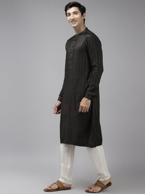 Buy Men's Olive Art Silk Woven Thread Work Kurta Pajama Set Online - Front