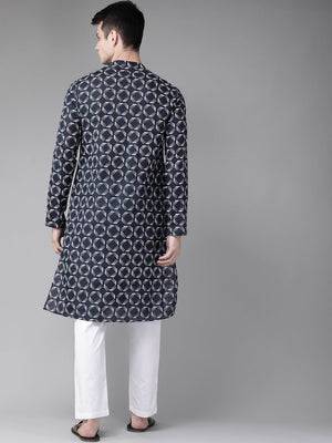 Buy Men's Navy Blue Cotton Geometric Printed Straight Kurta Online - Back
