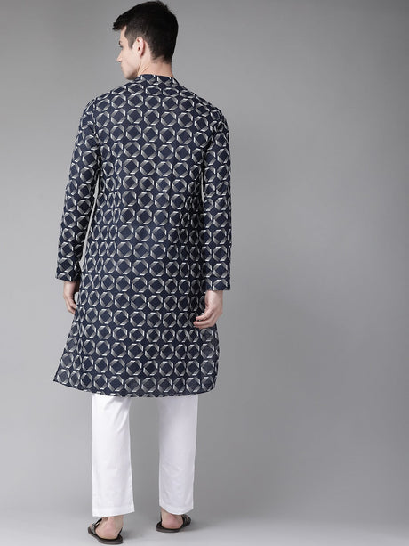 Buy Men's Navy Blue Cotton Geometric Printed Straight Kurta Online - Back