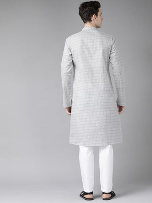 Buy Men's Grey Cotton Printed Straight Kurta Online - Back