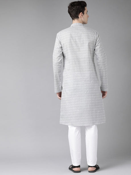 Buy Men's Grey Cotton Printed Straight Kurta Online - Back