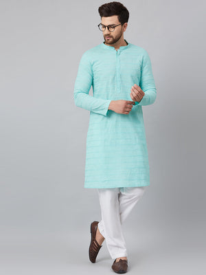 Buy Men's Turquoise Blue Cotton Chikankari Embroidered Kurta Pajama Set Online