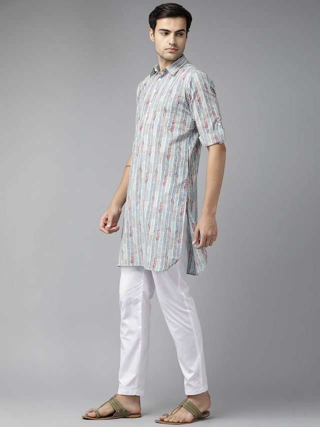 Buy Men's Multi Pure Cotton Chevron Printed Pathani Set Online - Front