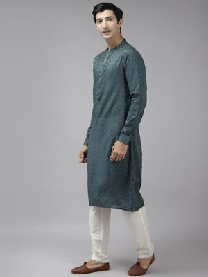 Buy Men's Teal Art Silk Woven Thread Work Kurta Pajama Set Online - Front