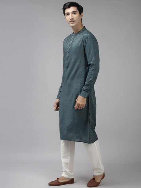 Buy Men's Teal Art Silk Woven Thread Work Kurta Pajama Set Online - Front