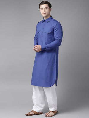 Buy Men's Royal Blue Cotton Solid Pathani Set Online - Side
