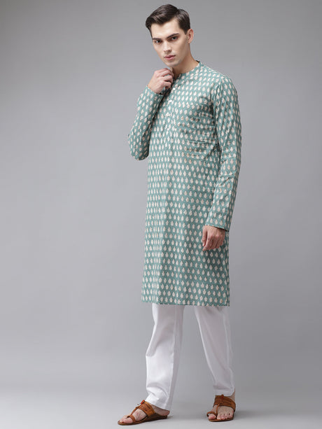 Buy Men's Green Cotton Hand Block Printed Kurta Pajama Set Online - Front