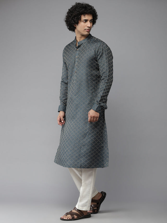 Buy Men's Green Pure Cotton Woven Design Kurta Pajama Set Online - Front