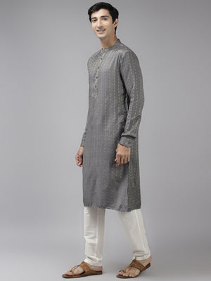 Buy Men's Grey Cotton Woven Thread Work Straight Kurta Online - Front